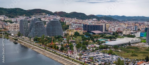 Tirana city skyline showing the new colorful high-rise buildings 