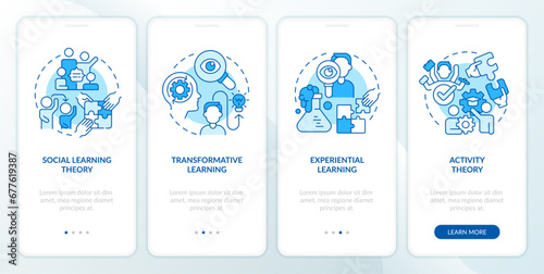 2D icons representing learning theories mobile app screen set. Walkthrough 4 steps blue graphic instructions with linear icons concept, UI, UX, GUI template.