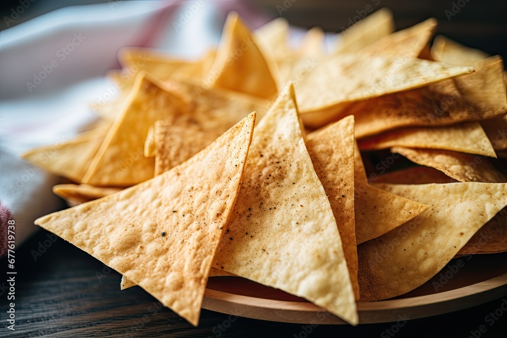 Baked Tortilla Chips served on a rustic wooden on table. Baked Tortilla Chips served on a rustic wooden on table.