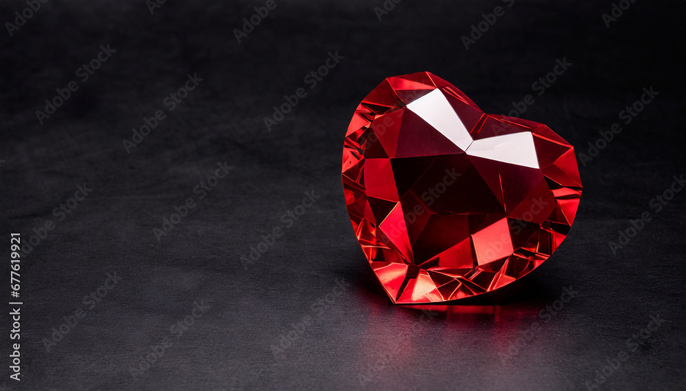 Red heart shaped diamond on black dark background and copy space on a side Red heart shaped diamond on black dark background and copy space on a side