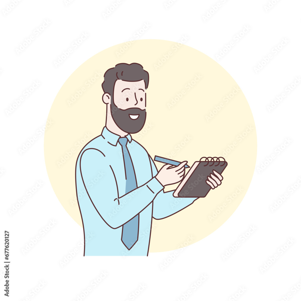 An adult man makes notes with a pen. Young man holding paper notebook. Thinking man character. Isolated on white background. Guy studying and writing in notebook. Education. Vector illustration.