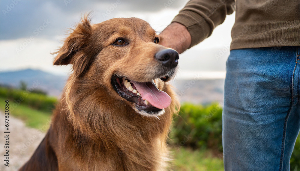 Close-up of a man's hand petting a happy dog outdoor