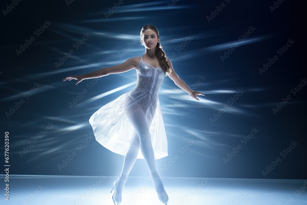 A figure skater in a white ball gown in ice skates dancing on ice against a background of shining rays and a dark blue background. Figure skating speed skating.