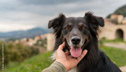 Close-up of a man s hand petting a happy dog outdoor