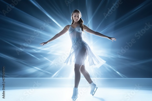 A young girl in a light, transparent dress in ice skates on a background of shining light. Figure skater in a dance, in a movement on a blue background. photo