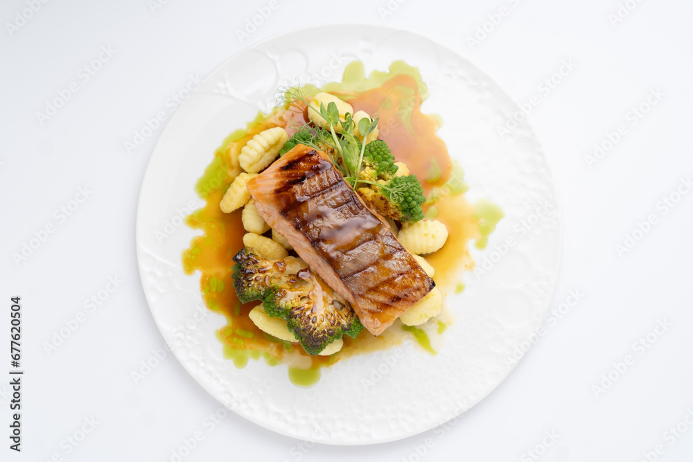 grilled salmon isolated white background top