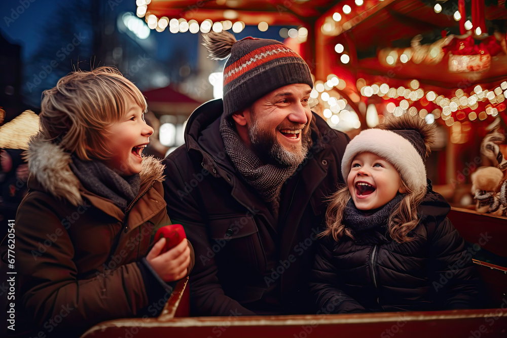 Father and children enjoing wonderful time on Christmas market