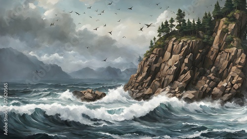 Illustration of a sea and its waves crashing on a rocky mountains.