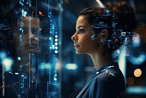 Technology and artificial intelligence  cyborg girl comes from the future world. by Generative AI.