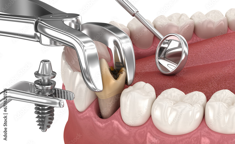 Extraction and Implantation, complex immediate surgery. Medically accurate 3D illustration of dental treatment - obrazy, fototapety, plakaty 