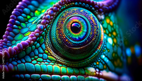 Close-up photograph of a chameleon's eye with a vivid spectrum of iridescent colors highlighted by blue and green tones.Generative AI