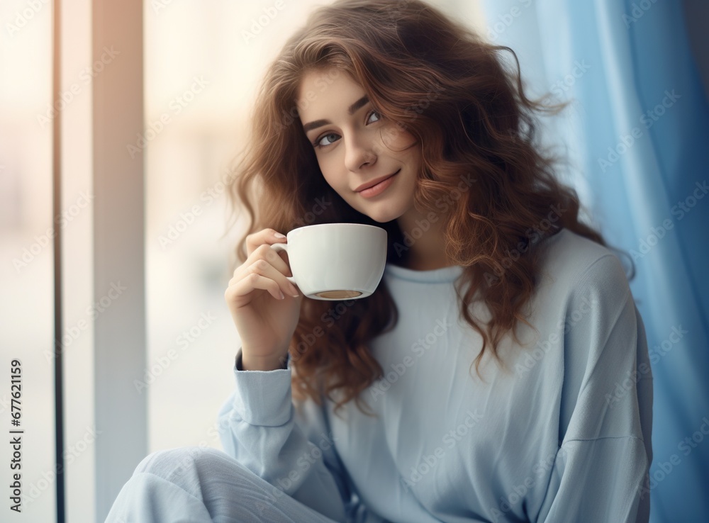 A young Caucasian European woman with long wavy hair holding a white cup, in a light blue sweater, smiling, sitting by the window with daylight. A young Caucasian European woman with long wavy hair holding a white cup, in a light blue sweater, smiling, sitting by the window with daylight.