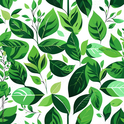 Seamless pattern with green leaves on white background. Vector illustration.