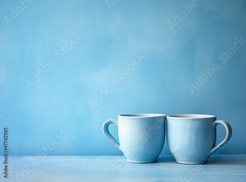 Two vintage blue cups against a blue textured wall. © volga