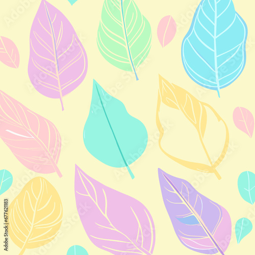 Seamless pattern with leaves. Hand drawn vector illustration in pastel colors.