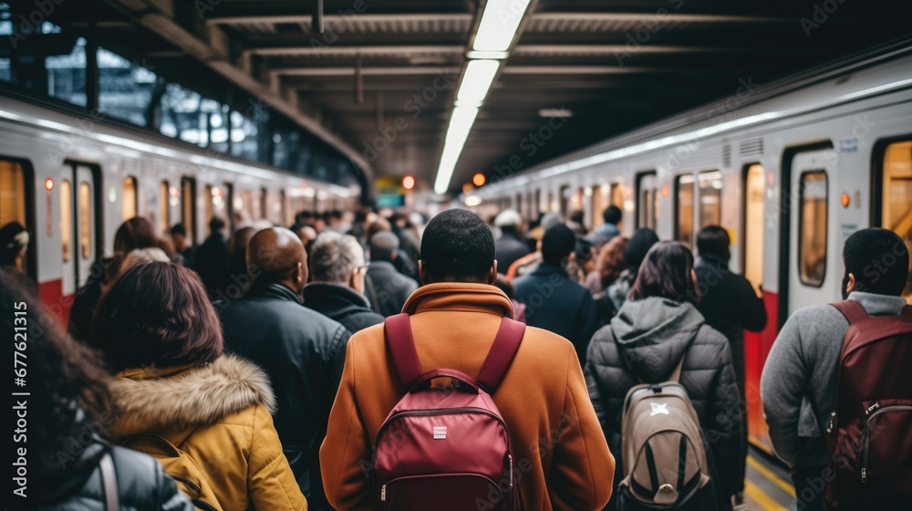 Naklejka premium Busy train station platform with a teeming crowd of commuters during rush hour. The scene is filled with anonymous faces, creating a mysterious and bustling urban atmosphere