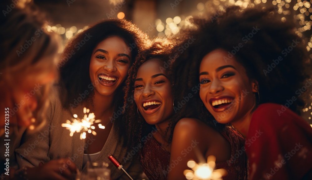 A group of young adult Black women with joyful smiles holding sparklers against a backdrop of night lights. - obrazy, fototapety, plakaty 