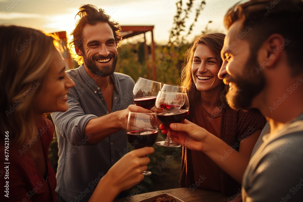 A group of young adults of diverse backgrounds enjoy time together, raising glasses of red wine at sunset.