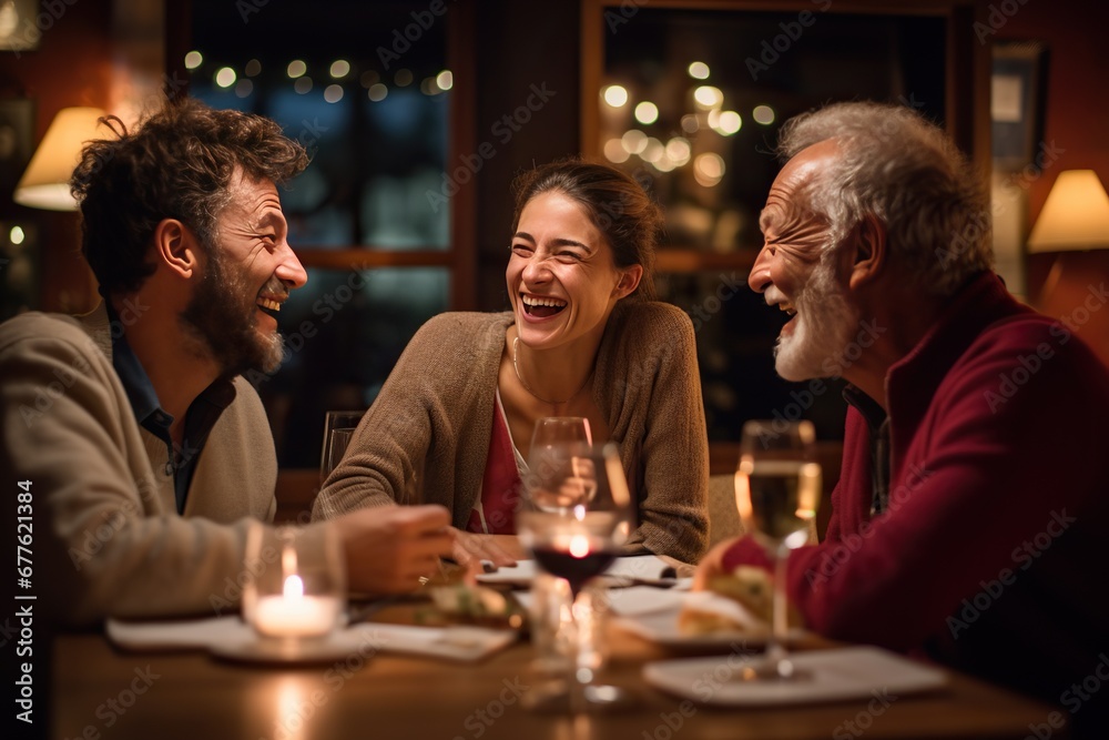 Adult Europeans, two women and two men, laughing at a restaurant table with glasses of wine, enjoying the evening.