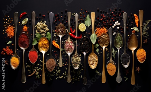A variety of spices in spoons laid out on a dark background, creating a colorful diversity.
