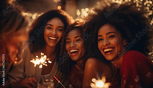 A group of young adult Black women with joyful smiles holding sparklers against a backdrop of night lights.