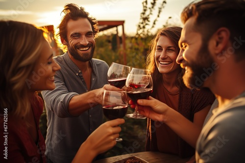 A group of young adults of diverse backgrounds enjoy time together  raising glasses of red wine at sunset.