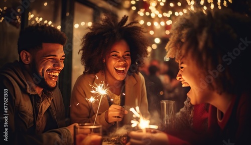 Black adult Americans, a man and two women, joyfully smiling while holding sparklers against a backdrop of colorful lights.
