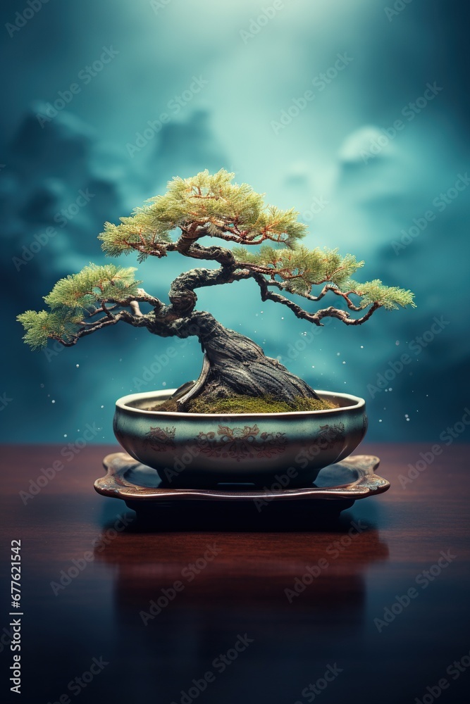 A miniature bonsai tree in a pot, placed on a wooden table A miniature bonsai tree in a pot, placed on a wooden table