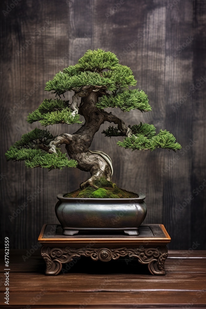A strong bonsai in a glossy black pot on an elegant wooden stand against a dark wall. A strong bonsai in a glossy black pot on an elegant wooden stand against a dark wall.
