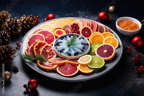 Wallpaper Mural A festive presentation of various citrus fruits and berries on a dark table with Christmas decorations. Winter food Torontodigital.ca