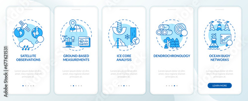 2D icons representing climate metrics mobile app screen set. Walkthrough 5 steps blue graphic instructions with line icons concept, UI, UX, GUI template.
