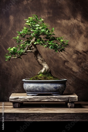 A bonsai in a blue pot on a wooden stand, side-lit, against a dark textured wall.