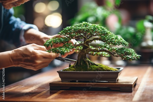 An adult Asian man is tending to a bonsai tree, using pruning tools in a brightly lit room with natural lighting.