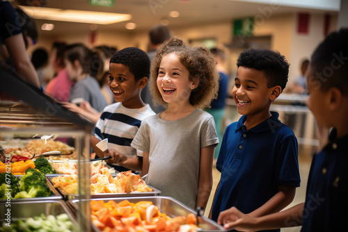 Cute elementary students at buffet line at lunchtime photo