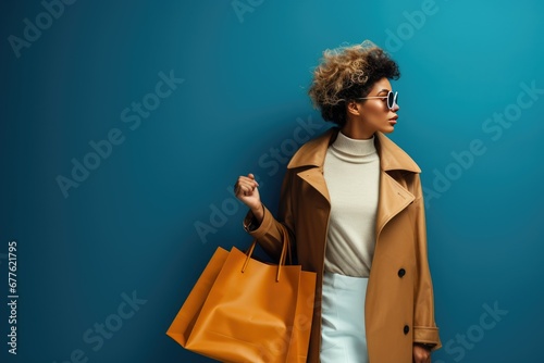 Confident woman with radiant smile, shopping bags in hand, stands against captivating blue background. Impeccable style and elegance