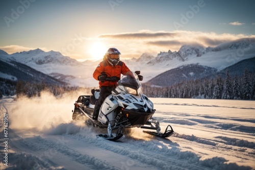 A man wearing an orange jacket, protective helmet and goggles on a snowmobile in winter in the forest