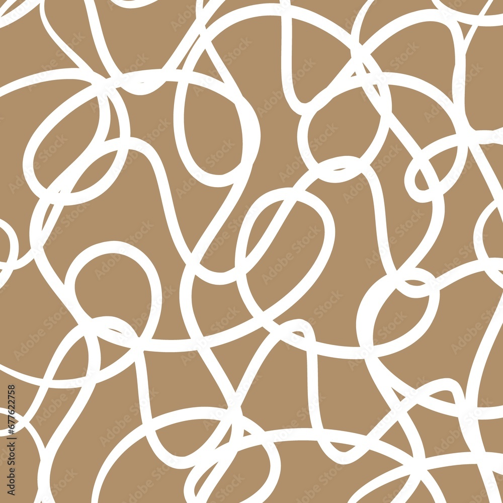 All over loopy pattern in white on a neutral beige background. This loop design could be imagined as a brown Kraft wrapping paper. The images are drawn in a white outline like a doodle.