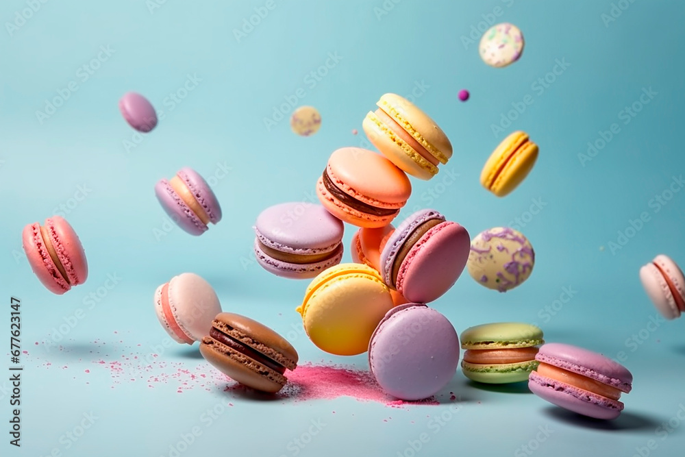 Obraz premium different colorful of macarons floating on the air isolated on clean background