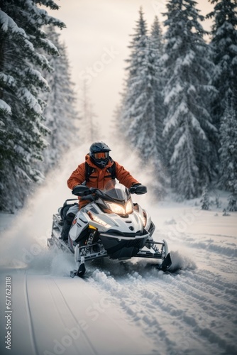 A man wearing a red jacket, a protective helmet and glasses on a snowmobile in winter in the forest