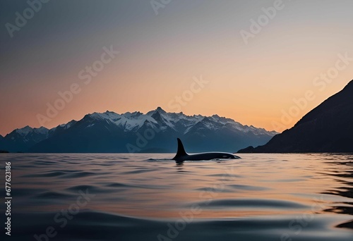 AI generated illustration of an Orcinus orca whale swims gracefully in the ocean at sunset