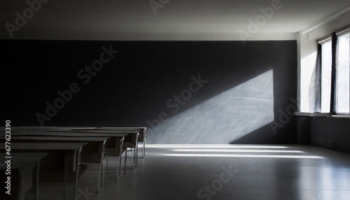 classe scolastica vuota al buio con luce che penetra dalla finestra generato con ai photo