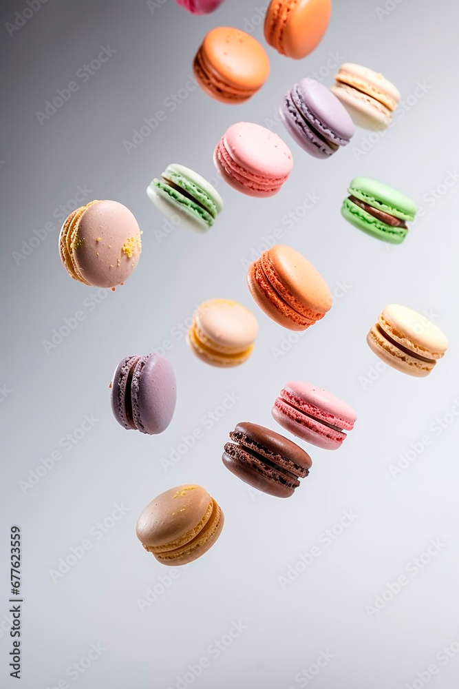 different colorful of macarons floating on the air isolated on clean background different colorful of macarons floating on the air isolated on clean background