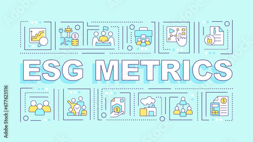 ESG metrics text with various thin line icons concept on blue monochromatic background, editable 2D vector illustration.