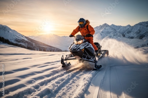 A man wearing a jacket, a protective helmet and glasses on a snowmobile in winter in the forest at sunset.