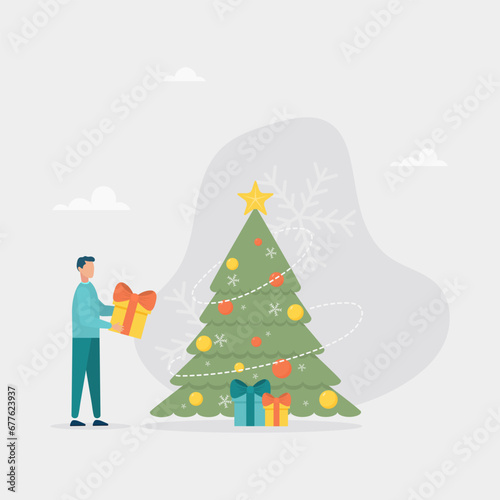A man hides gifts under a Christmas tree decorated with baubles and garlands. The concept of the magic of finding gifts, the canon of Christmas, New Year celebration. Flat vector illustration. 