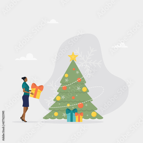 A woman hides gifts under a Christmas tree decorated with baubles and garlands. The concept of the magic of finding gifts, the canon of Christmas, New Year celebration. Flat vector illustration. 