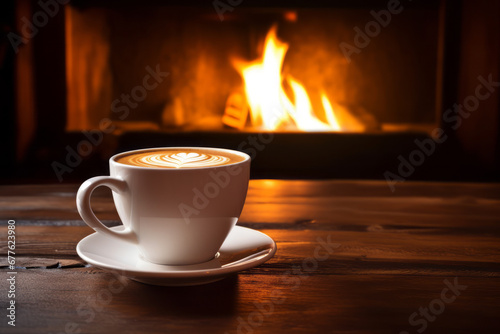 A white coffee cup with latte and cappuccino on a wooden table in front of a wood-burning fireplace. It is perfect for imagining relaxing while being healed by a warm flame during a moment of rest.