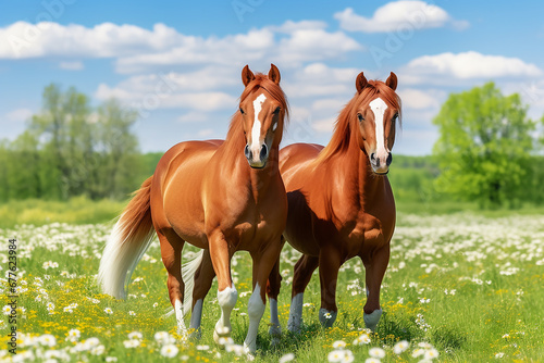 Two horses in summer in nature close-up, farming and agriculture concept