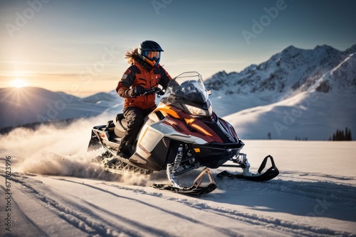  A man wearing a insulated winter jacket and trousers rides a snowmobile leaving footprints in nature against the backdrop of high mountains with snow at sunset. © liliyabatyrova