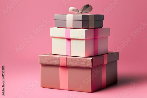 Três caixas de presentes empilhados com um fundo cor-de-rosa.